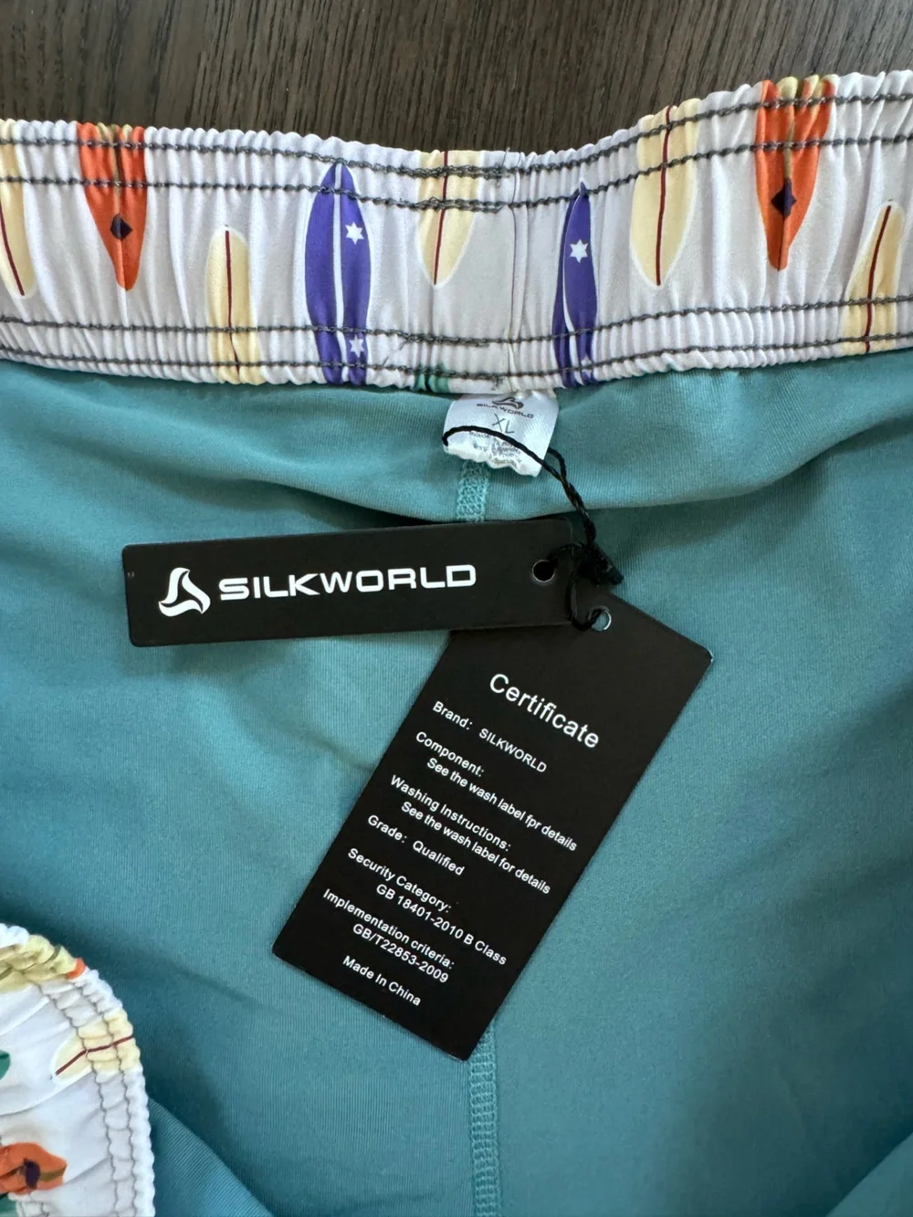 NWT XL Silkworld Men's Gray Surfboard-Print Swim Hybrids with Teal Liner